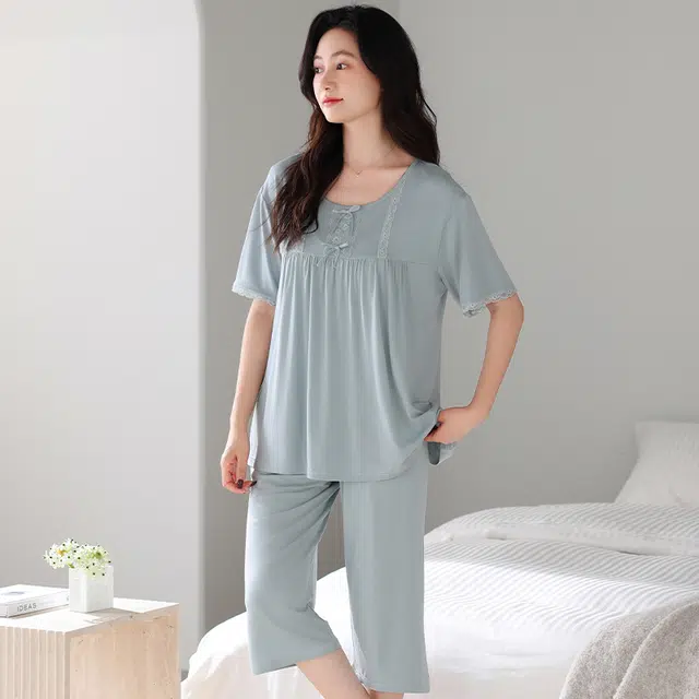 睦隆世家 七分裤短袖薄款冰丝家居服夏季睡衣套装 女款