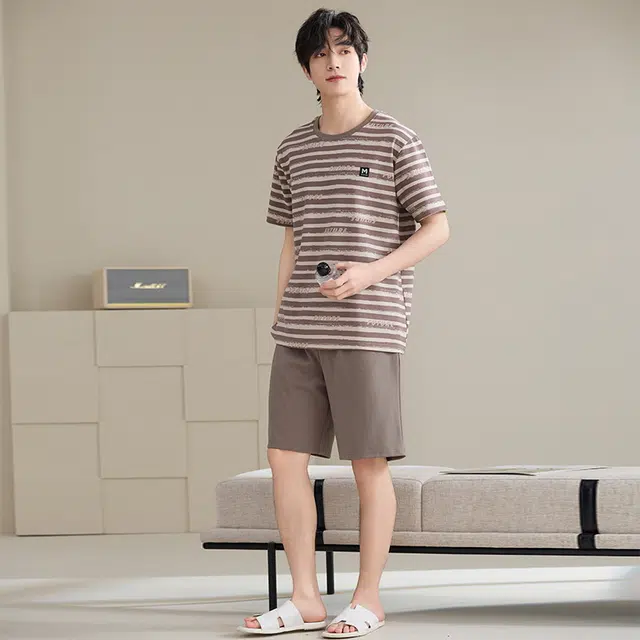 睦隆世家 圆领纯棉短袖短裤家居服夏季睡衣套装 男款