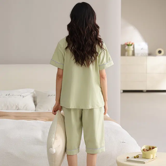 睦隆世家 带胸垫短袖七分裤薄款休闲可外穿大码家居服夏季睡衣套装 女款