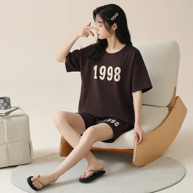 睦隆世家 带胸垫家居服可外穿韩版圆领短袖短裤格子潮流卡通宽松可爱睡衣套装 女款