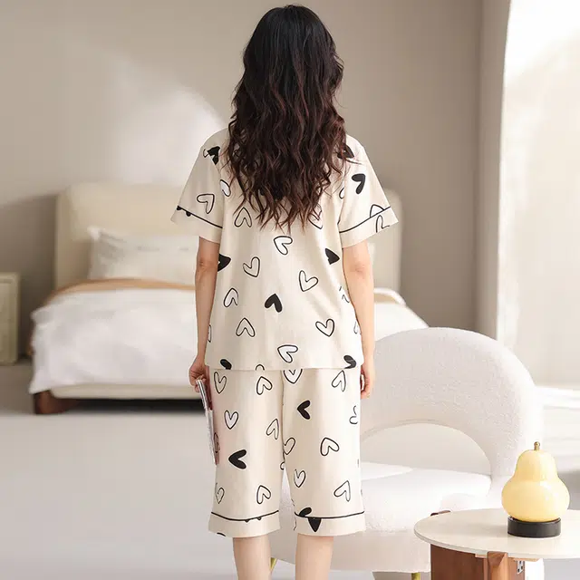 睦隆世家 短袖纯棉舒适休闲七分裤带胸垫家居服可外穿睡衣套装 女款