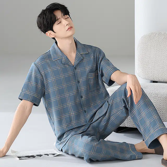 睦隆世家 纯棉短袖长裤薄款可外穿家居服睡衣套装 男款