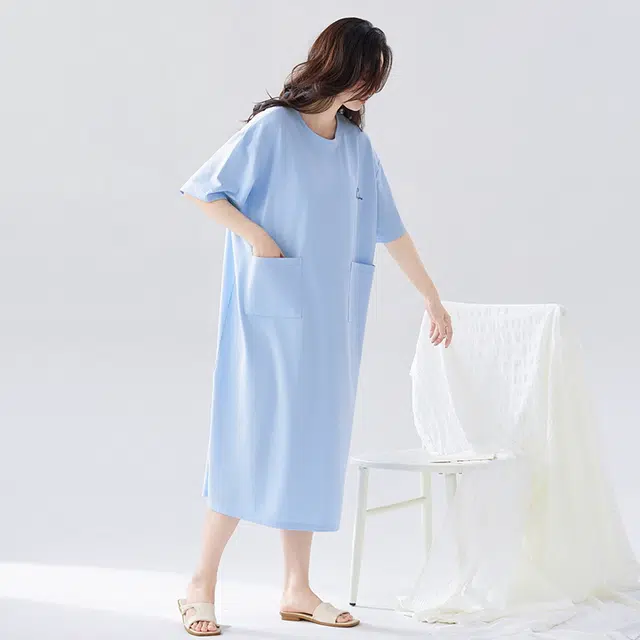 睦隆世家 短袖宽松带胸垫薄款休闲可外穿家居服春夏季睡裙 女款