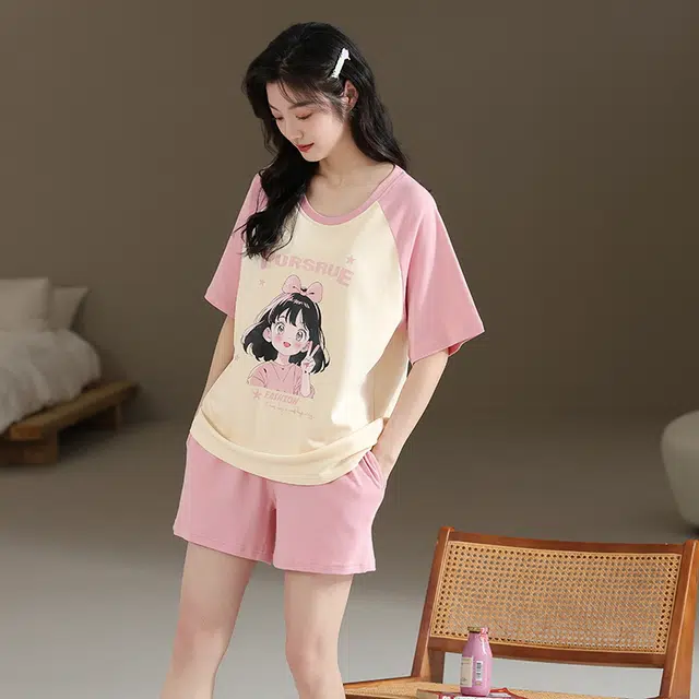 睦隆世家 短袖短裤带胸垫韩版家居服可外穿潮流卡通宽松可爱睡衣套装 女款