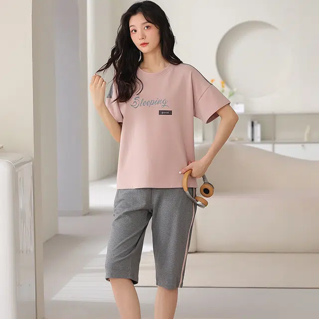 睦隆世家 纯棉薄款短袖舒适休闲家居服可外穿睡衣套装 女款