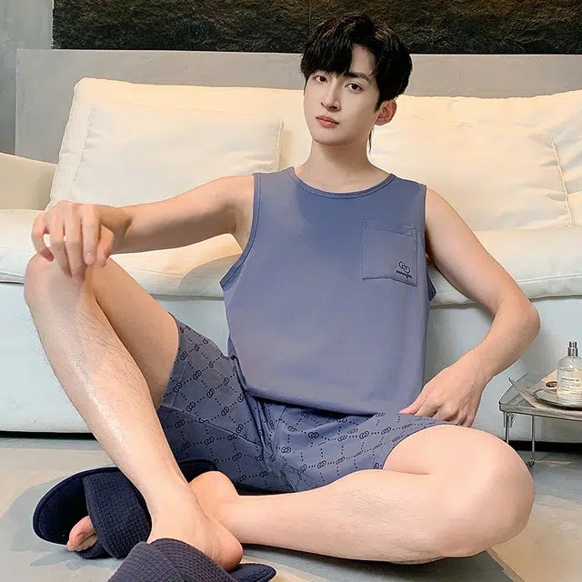 睦隆世家 背心纯棉薄款可外穿舒适无袖全棉家居服睡衣套装 男款