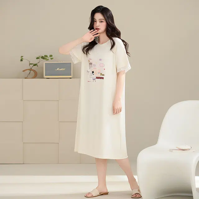 睦隆世家 纯棉短袖中长款卡通宽松大码舒适休闲家居服夏季睡裙 女款