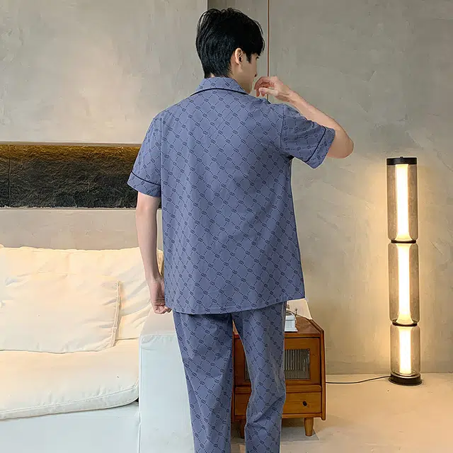 睦隆世家 纯棉短袖长裤舒适简约可外穿家居服夏季睡衣套装 男款