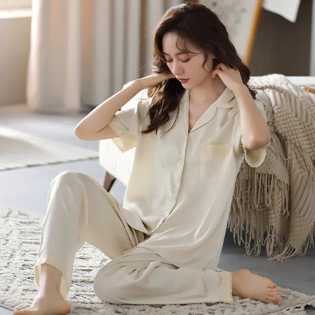 睦隆世家 冰丝亲肤短袖长裤薄款家居服夏季睡衣套装 女款