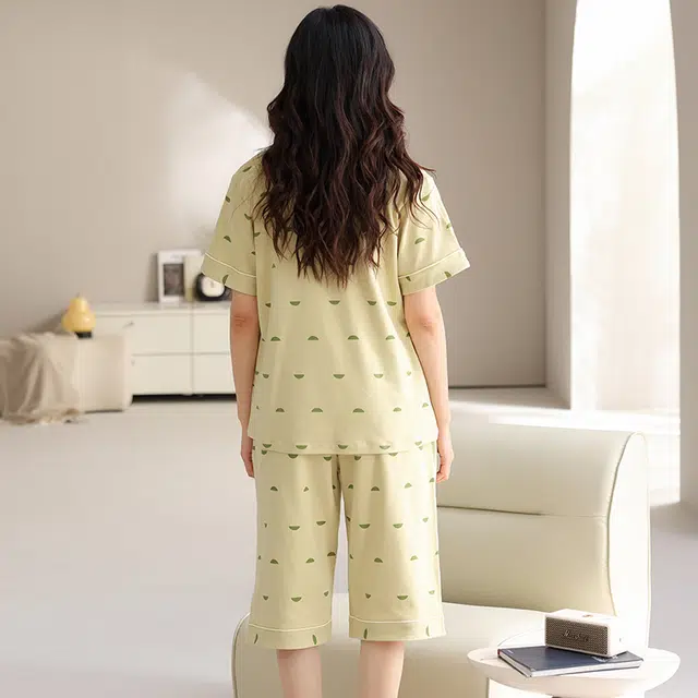 睦隆世家 夏季纯棉开衫短袖七分裤薄款休闲家居服睡衣套装 女款