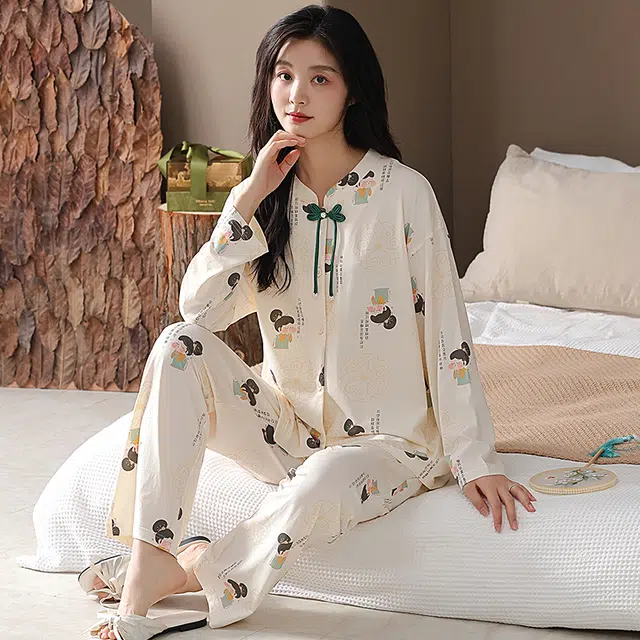睦隆世家 新中式长袖开衫国风天丝棉长袖家居服高级感睡衣套装 女款