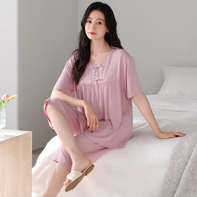 睦隆世家 短袖薄款七分裤家居服冰丝夏季睡衣套装 女款