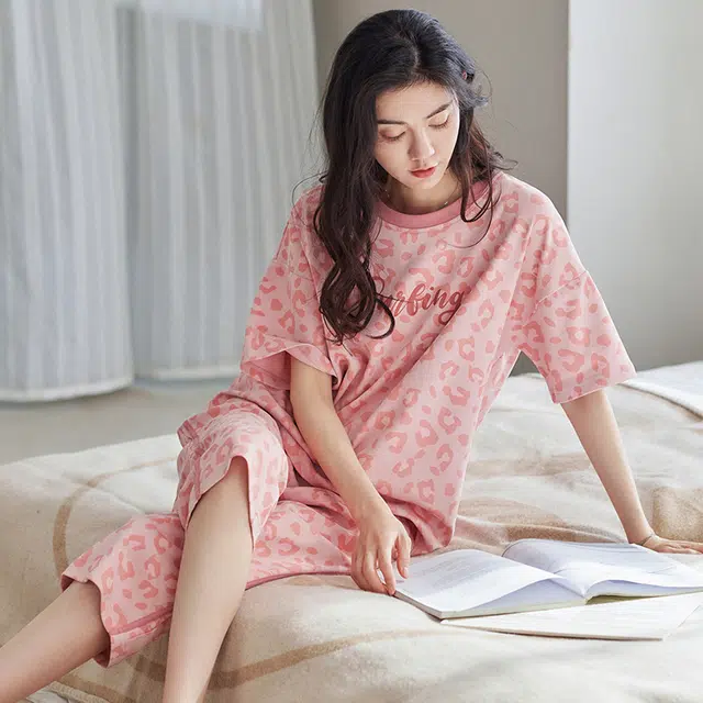 睦隆世家 夏季睡衣女短袖纯棉休闲薄款可外穿夏天全棉家居服  套装  粉色