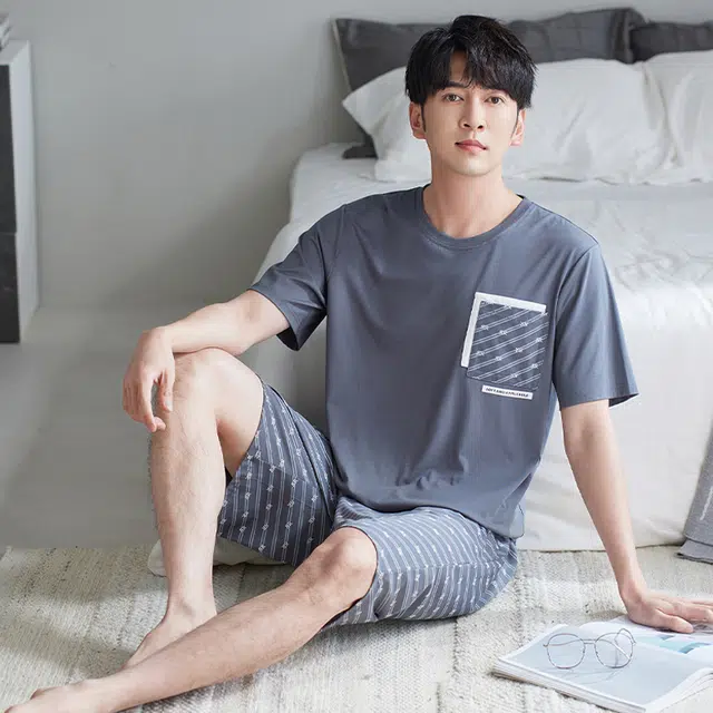睦隆世家 凉感棉绸莫代尔短袖短裤家居服薄款冰丝睡衣套装 男款