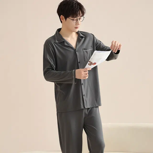 睦隆世家 长袖长裤薄款可外穿大码简约舒适家居服睡衣套装 男款