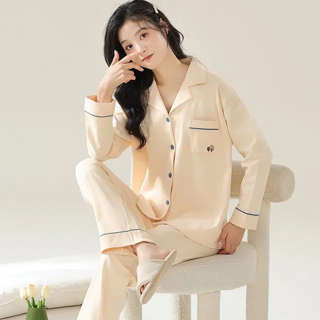 睦隆世家 纯色纯棉长袖可外穿家居服睡衣套装 女款