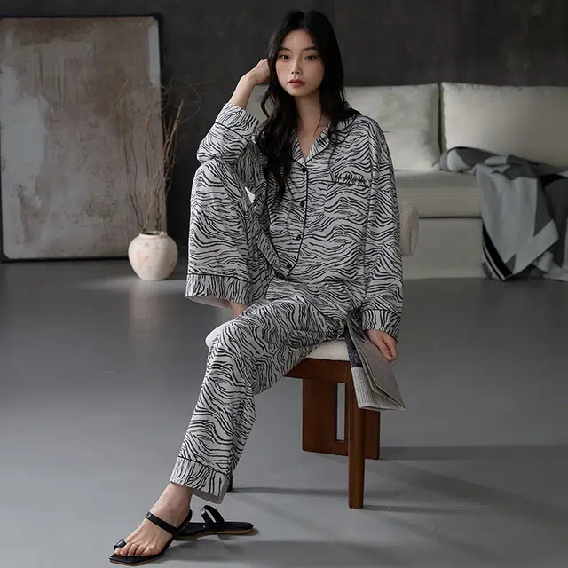 睦隆世家 纯棉高级感抑菌开衫翻领长袖睡衣套装 女款