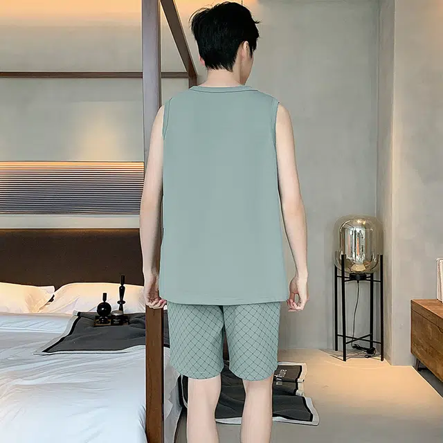 睦隆世家 背心纯棉无袖短裤休闲舒适宽松家居服可外穿睡衣套装 男款