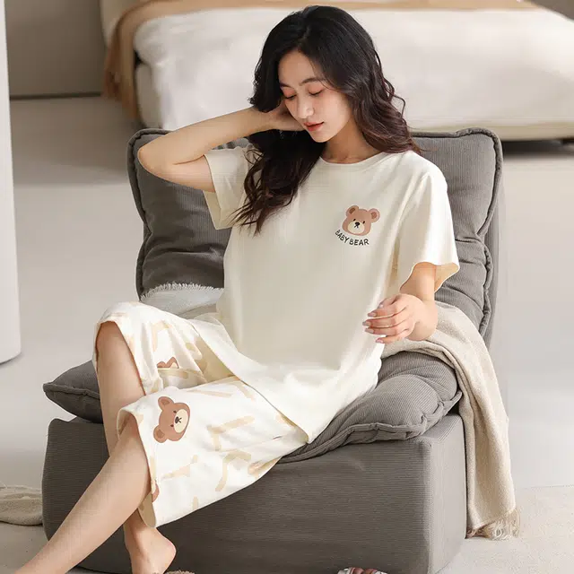 睦隆世家 纯棉薄款短袖休闲舒适可外穿家居服睡衣套装 女款