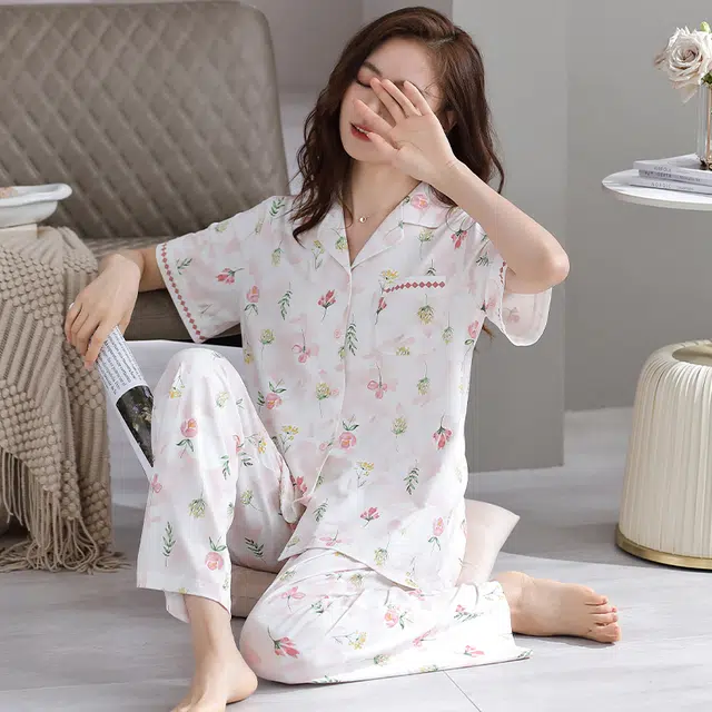 睦隆世家 开衫凉感短袖上衣家居服长裤夏季睡衣套装 女款