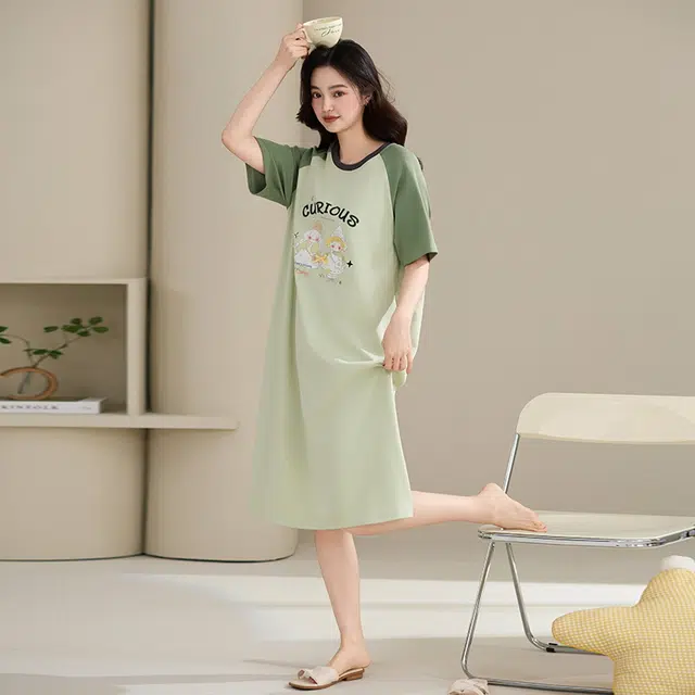 睦隆世家 纯棉短袖中长款卡通大码休闲舒适家居服夏季睡裙 女款