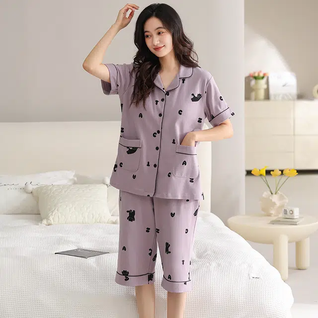 睦隆世家 短袖纯棉薄款休闲七分裤带胸垫家居服可外穿睡衣套装 女款