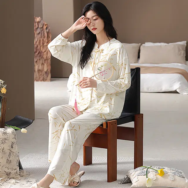 睦隆世家 中国风高级感天丝棉圆领长袖长裤家居服睡衣套装 女款
