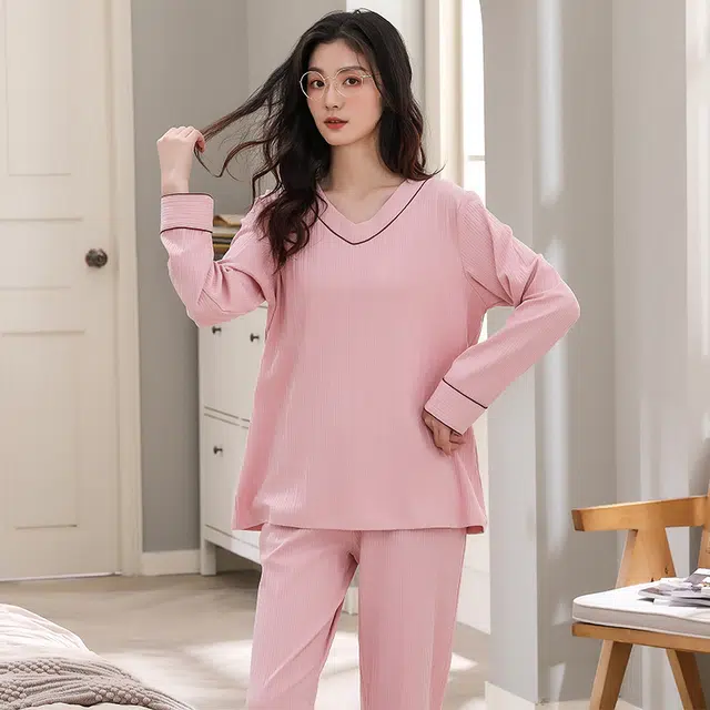 睦隆世家 春秋季女士双面纯棉长袖可外穿纯色家居服套装  女款睡衣  粉色