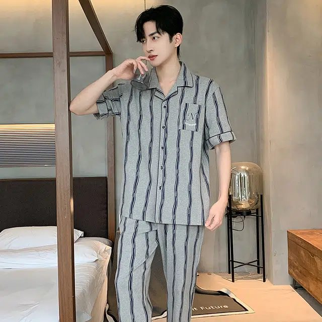 睦隆世家 纯棉短袖薄款休闲舒适可外穿家居服睡衣套装 男款