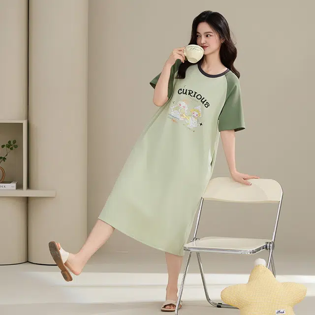 睦隆世家 纯棉短袖中长款卡通大码休闲舒适家居服夏季睡裙 女款