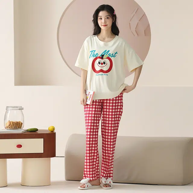 睦隆世家 纯棉短袖家居服可外穿简约休闲睡衣套装 女款