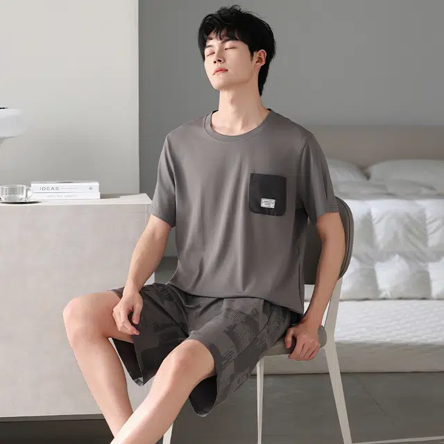 睦隆世家 凉感棉绸短袖短裤家居服薄款冰丝睡衣套装 男款