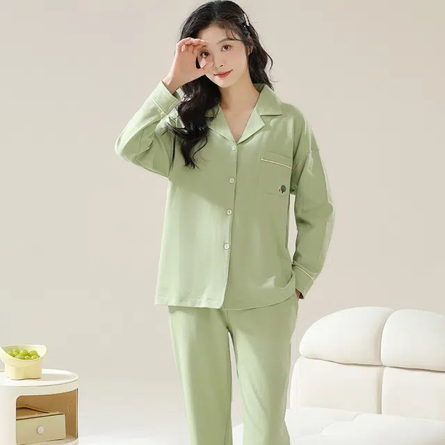 睦隆世家 纯色纯棉舒适长袖长裤可外穿家居服睡衣套装 女款