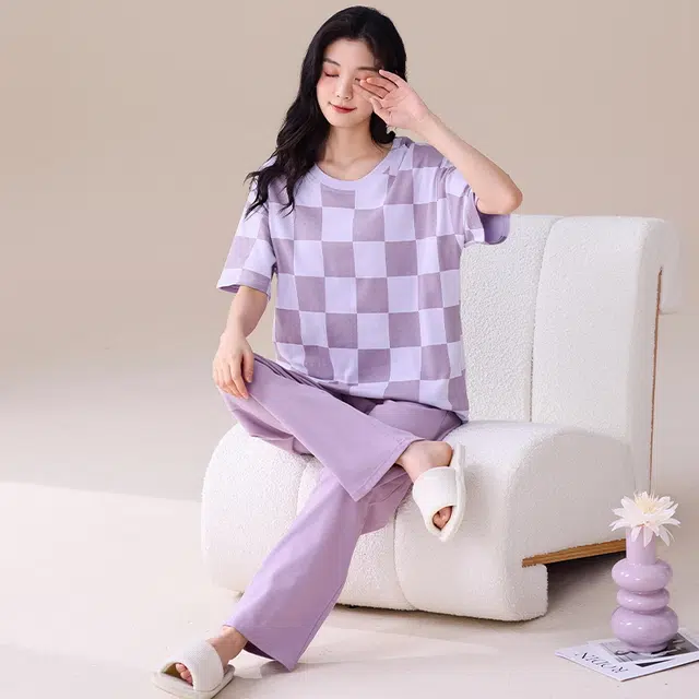 睦隆世家 纯棉长裤家居服带胸垫出勤短袖可外穿夏季睡衣套装 女款