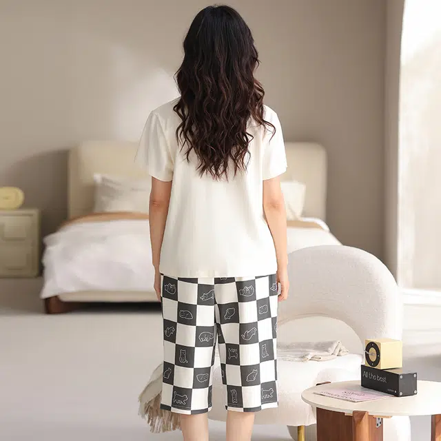 睦隆世家 带胸垫短袖七分裤薄款休闲家居服睡衣套装 女款