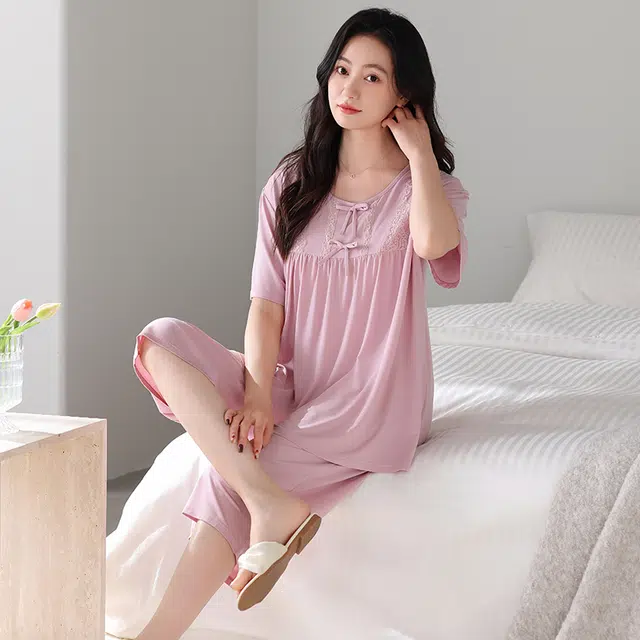 睦隆世家 短袖薄款七分裤家居服冰丝夏季睡衣套装 女款