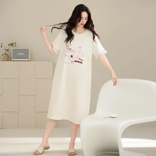 睦隆世家 纯棉短袖中长款卡通宽松大码舒适休闲家居服夏季睡裙 女款