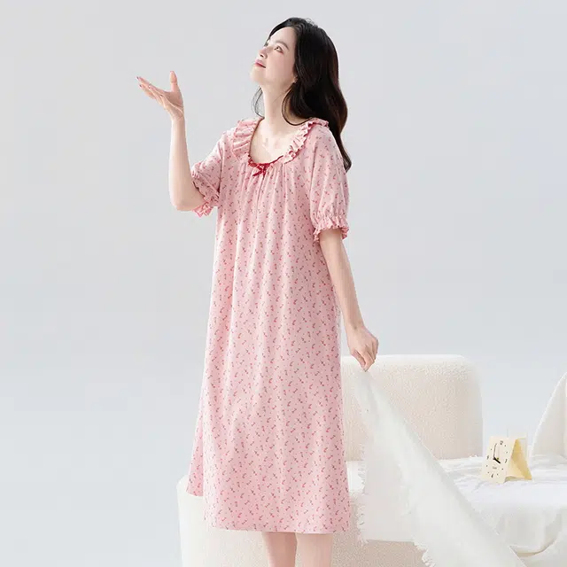 睦隆世家 短袖大码休闲碎花居家居服夏季睡裙 女款