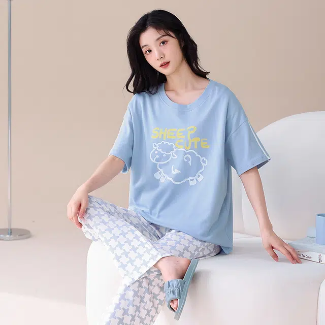 睦隆世家 可外穿出勤短袖长裤家居服纯棉带胸垫夏季睡衣套装 女款