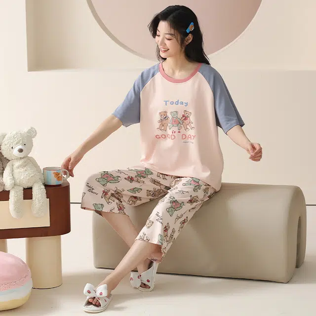 睦隆世家 纯棉短袖简约舒适休闲家居服可外穿睡衣套装 女款