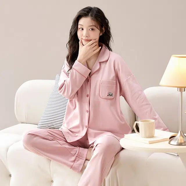 睦隆世家 春秋季甜美长袖纯棉翻领女士可外穿休闲睡衣翻领开衫女全棉家居服套装  女款  粉色