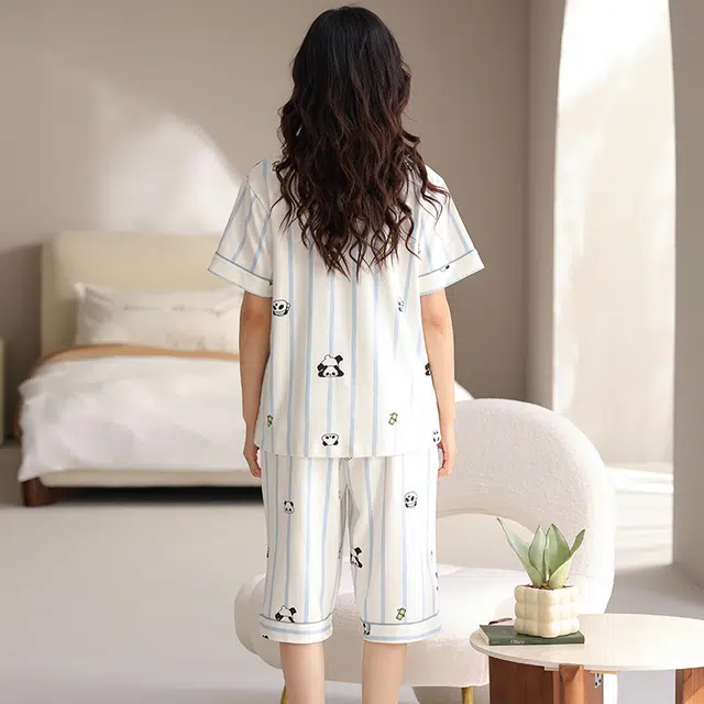 睦隆世家 短袖纯棉薄款舒适休闲七分裤带胸垫家居服睡衣套装 女款