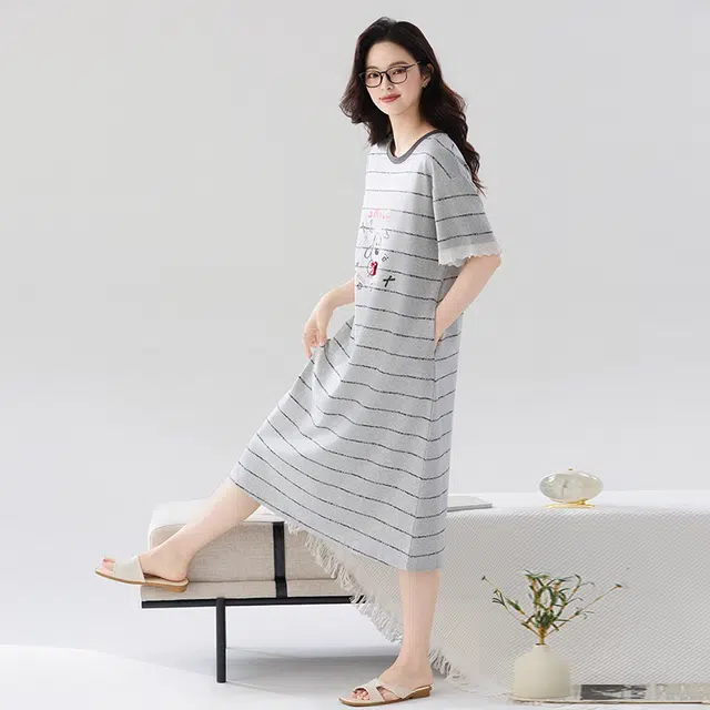 睦隆世家 卡通纯棉短袖中长款大码舒适家居服夏季睡裙 女款