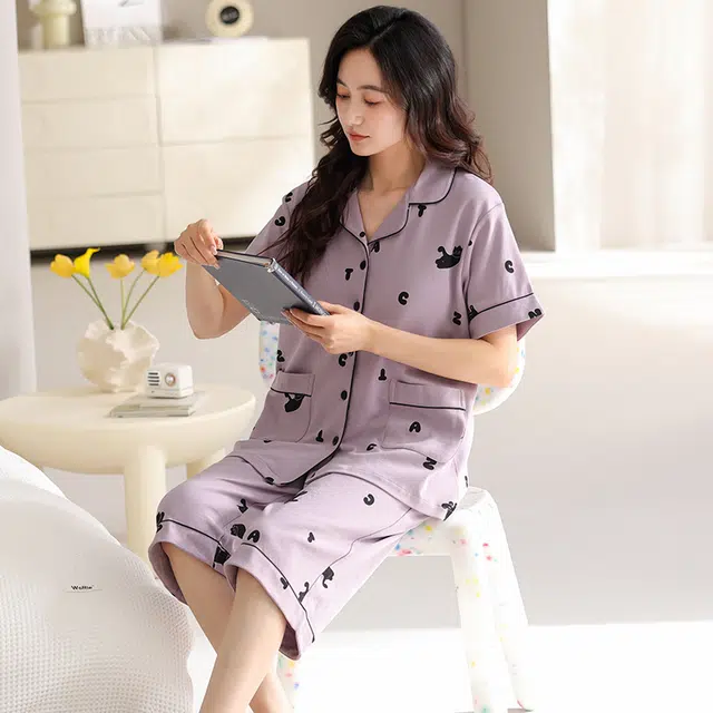 睦隆世家 短袖纯棉薄款休闲七分裤带胸垫家居服可外穿睡衣套装 女款