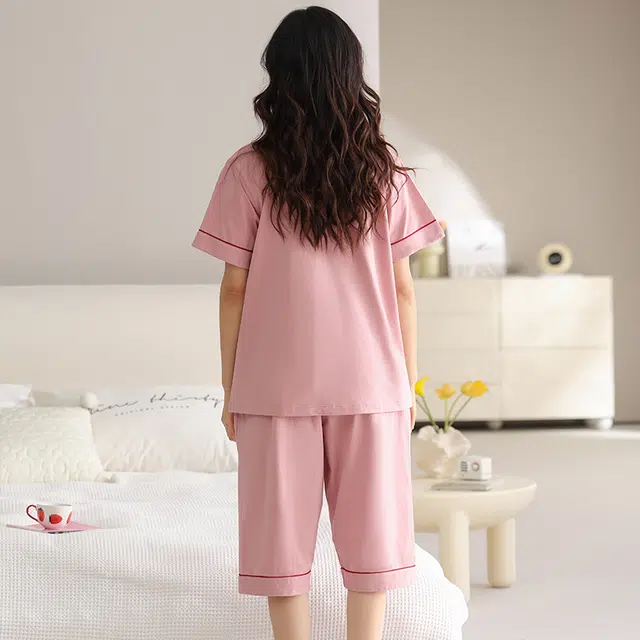 睦隆世家 带胸垫短袖七分裤薄款休闲可外穿大码家居服睡衣套装 女款