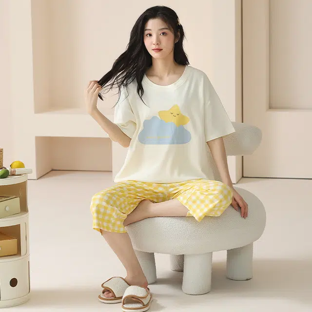 睦隆世家 格子纯棉短袖简约休闲家居服可外穿睡衣套装 女款