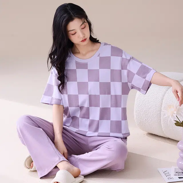 睦隆世家 纯棉长裤家居服带胸垫出勤短袖可外穿夏季睡衣套装 女款