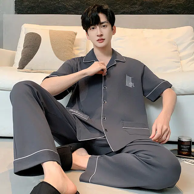 睦隆世家 纯棉短袖长裤时尚舒适家居服夏季睡衣套装 男款