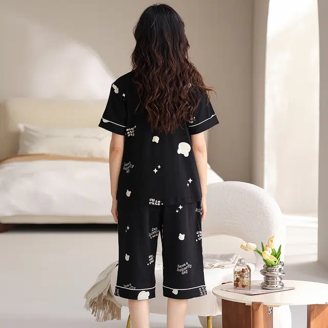 睦隆世家 短袖纯棉薄款七分裤舒适带胸垫家居服睡衣套装 女款