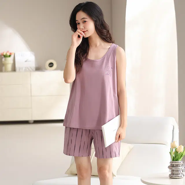 睦隆世家 夏季纯棉背心短裤带胸垫高档可外穿舒适休闲家居服睡衣套装 女款